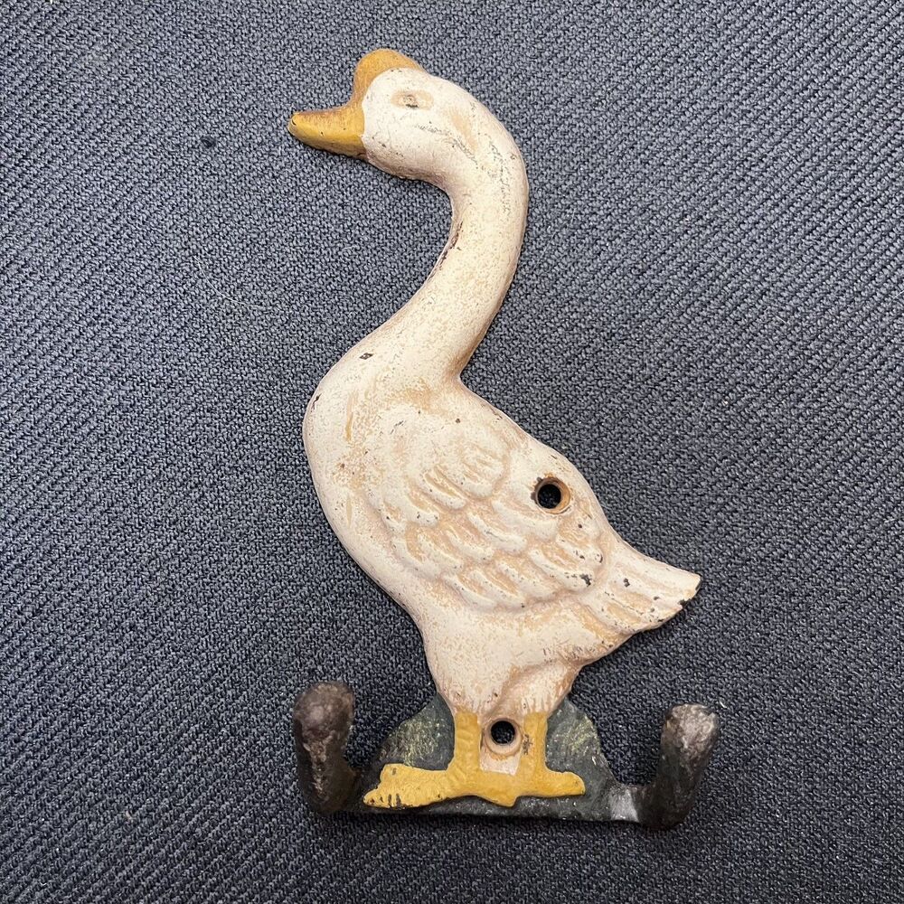 Vintage Cast Iron Goose Double Hook Wall Hanger Hand Painted Farm Decor